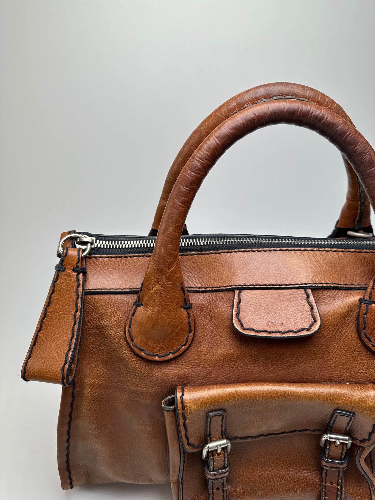 Vintage Chloe Leather Shoulder Bag Cognac Silver