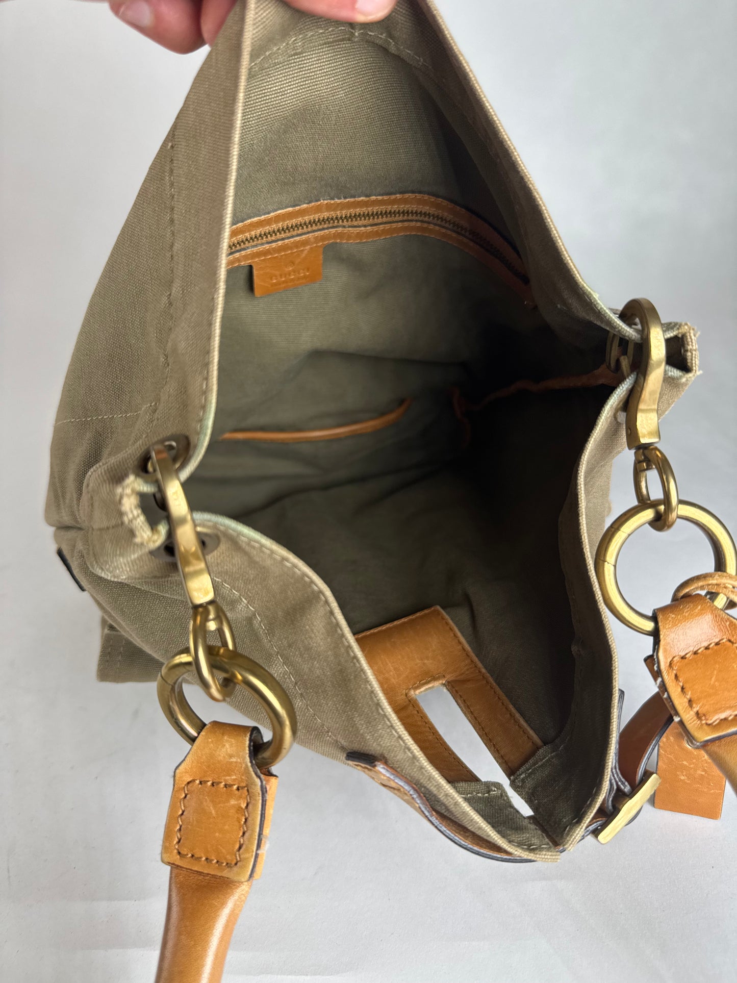 Vintage Gucci Canvas Leather Tote Bucket Bag Khaki Brown