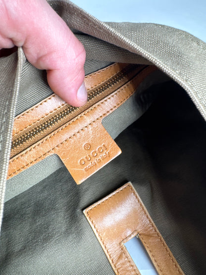 Vintage Gucci Canvas Leather Tote Bucket Bag Khaki Brown