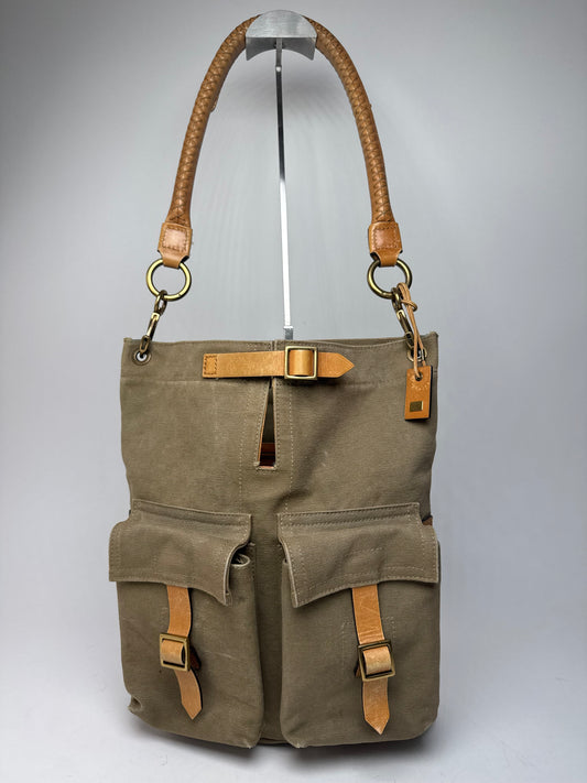 Vintage Gucci Canvas Leather Tote Bucket Bag Khaki Brown