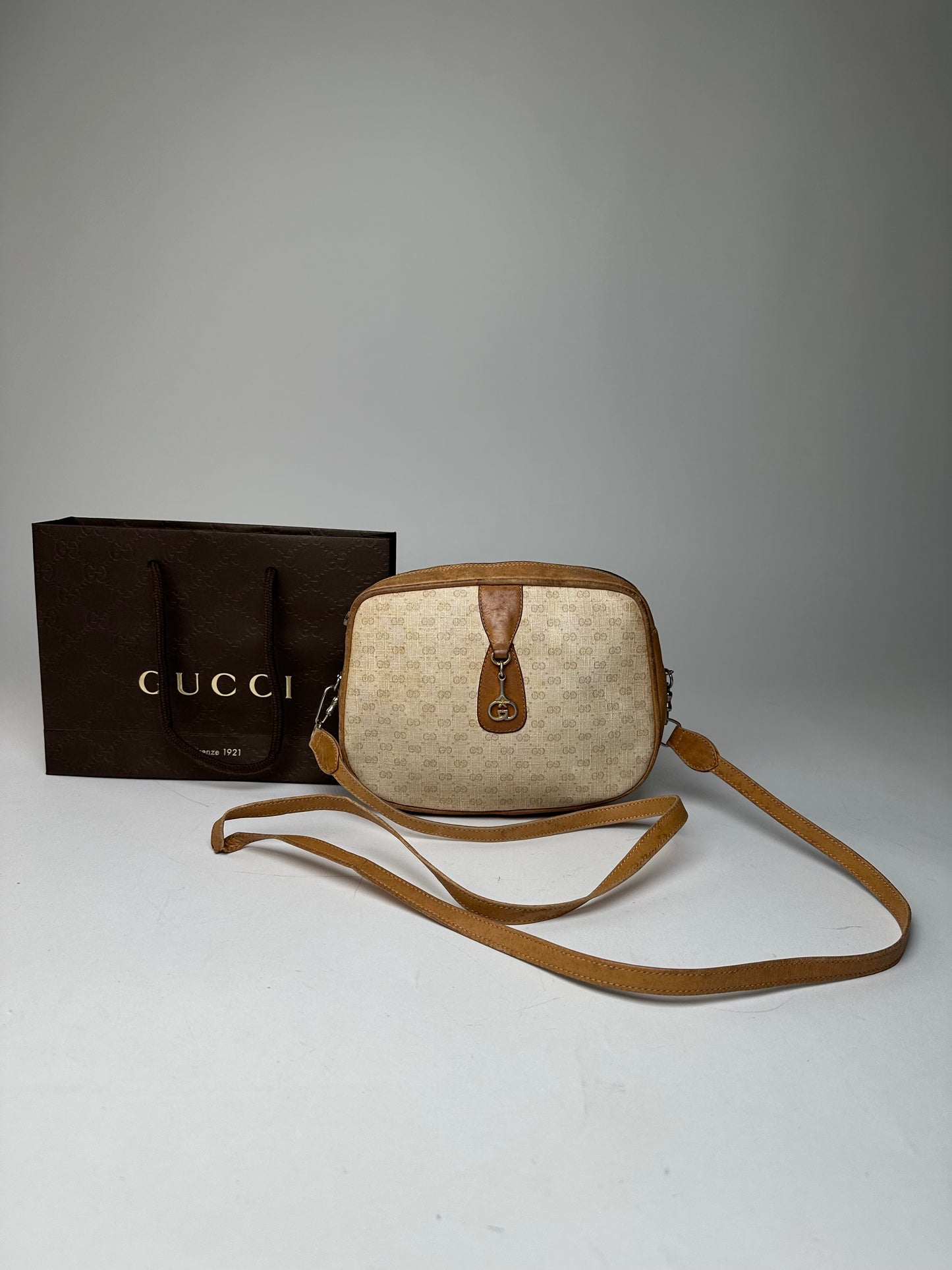 Vintage Gucci Monogram Leather Bag Beige Brown