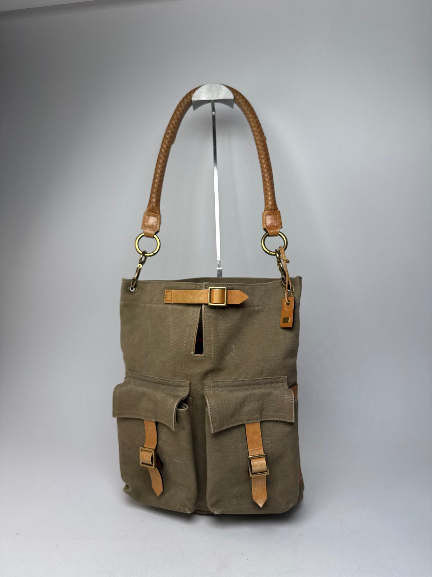 Vintage Gucci Canvas Leather Tote Bucket Bag Khaki Brown