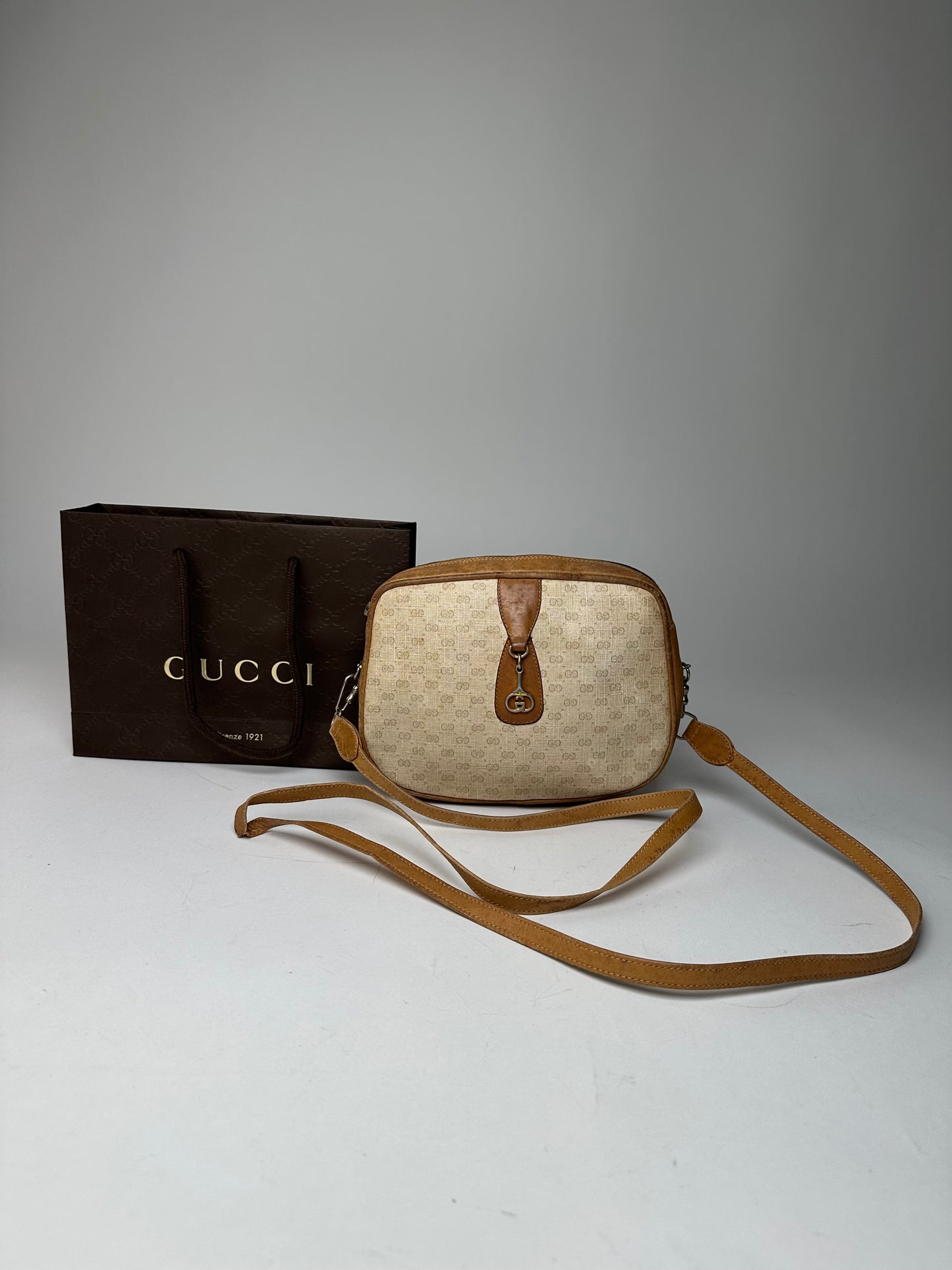 Vintage Gucci Monogram Leather Bag Beige Brown