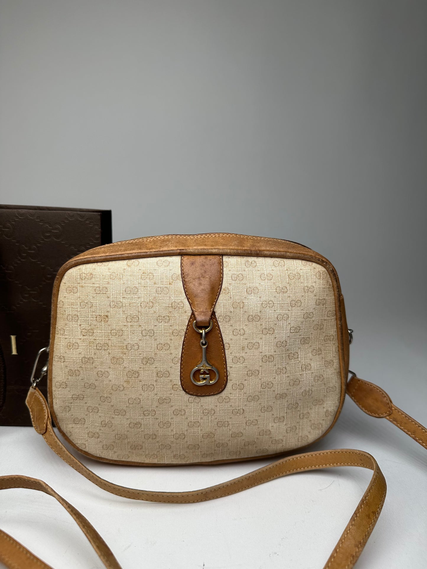 Vintage Gucci Monogram Leather Bag Beige Brown