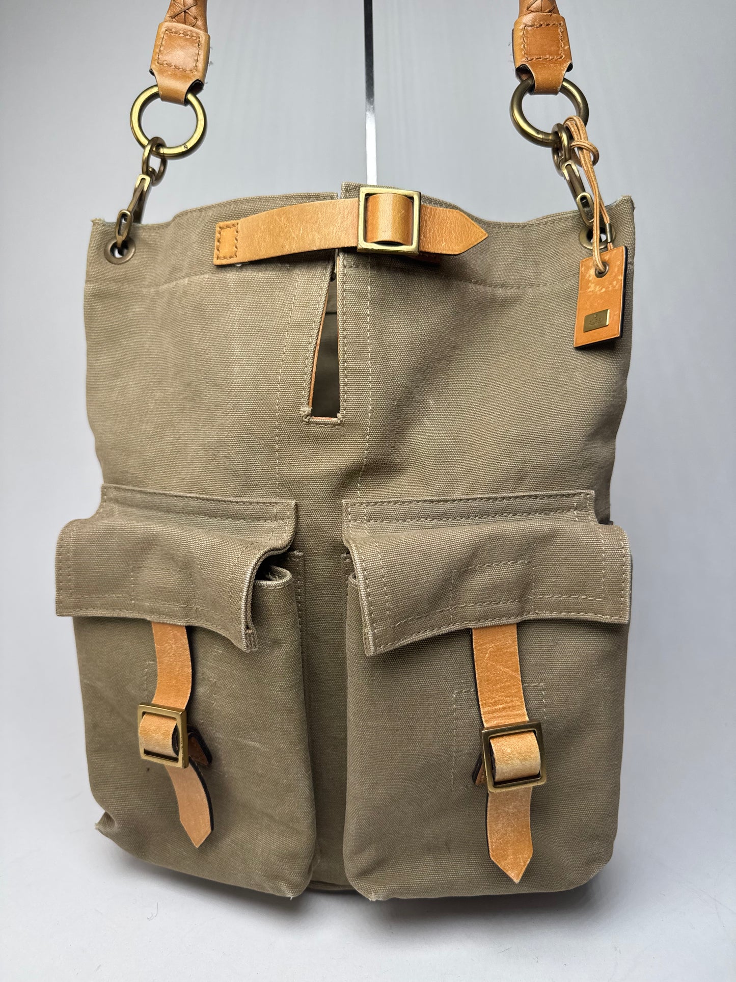 Vintage Gucci Canvas Leather Tote Bucket Bag Khaki Brown