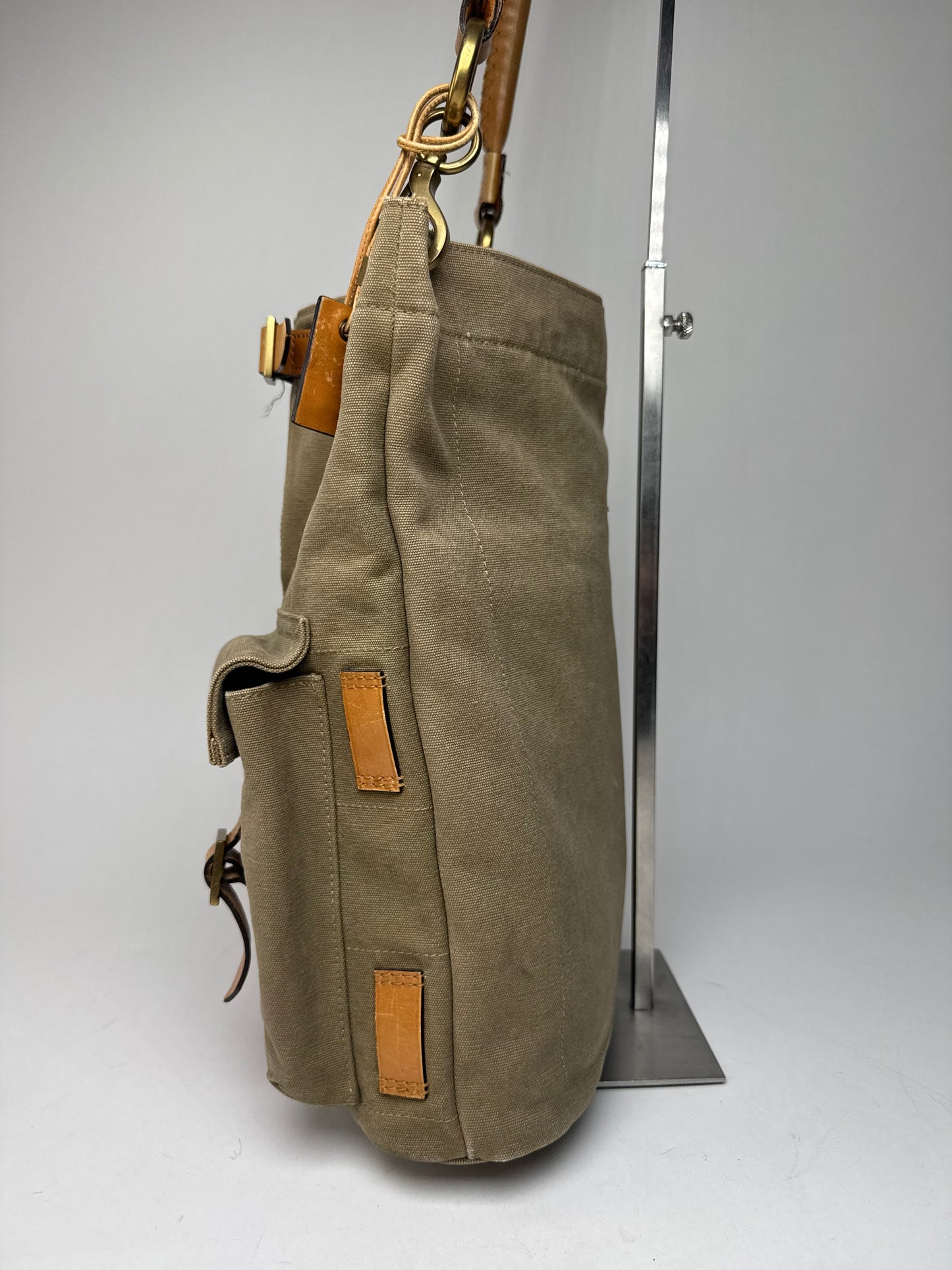 Vintage Gucci Canvas Leather Tote Bucket Bag Khaki Brown