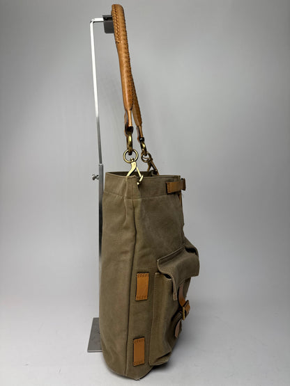 Vintage Gucci Canvas Leather Tote Bucket Bag Khaki Brown
