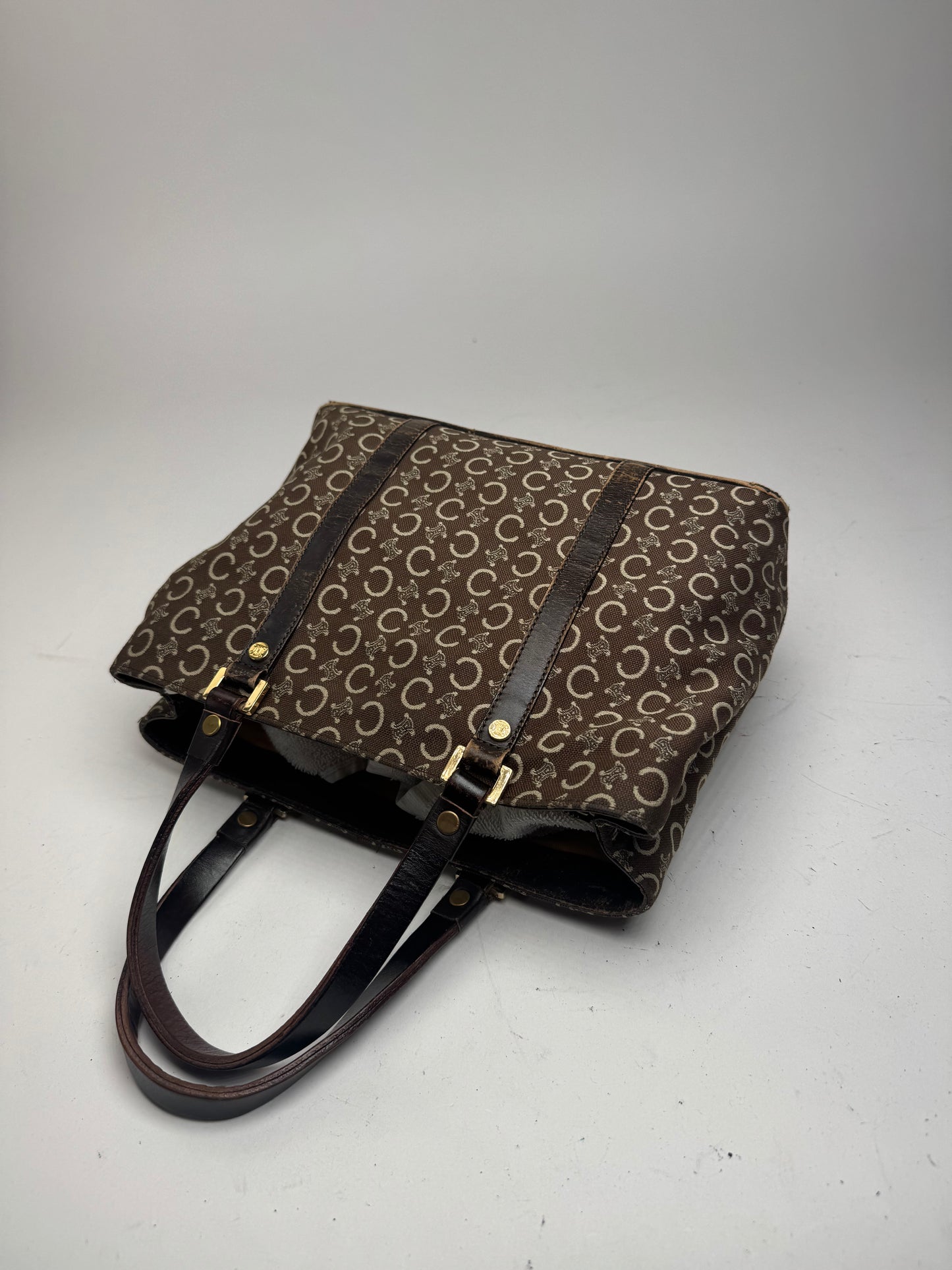 Sac vintage en toile et cuir Macadam Monogram Celine Paris marron