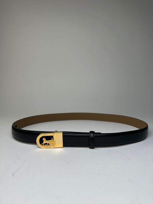 Vintage Celine Leather Belt Black Beige Gold Buckle