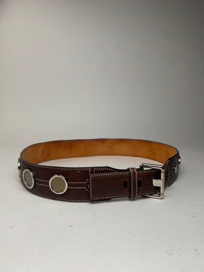 Vintage Celine Paris Metal / Leather coin application belt brown