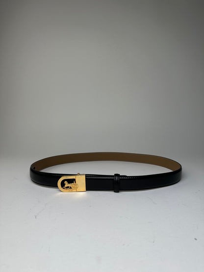 Vintage Celine Leather Belt Black Beige Gold Buckle