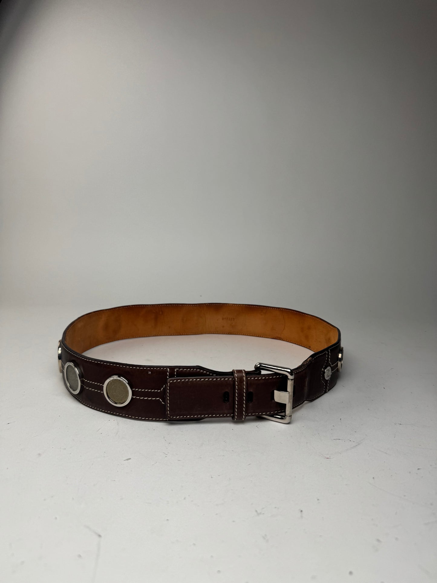 Vintage Celine Paris Metal / Leather coin application belt brown