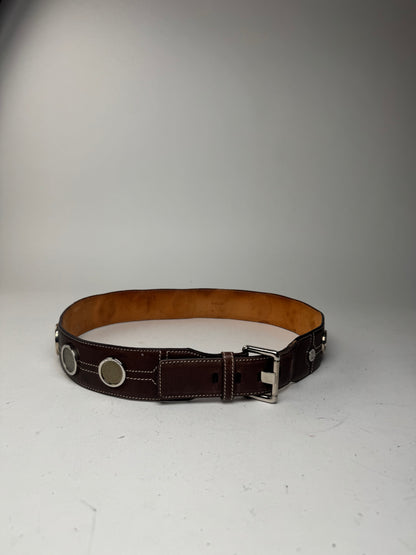 Vintage Celine Paris Metal / Leather coin application belt brown