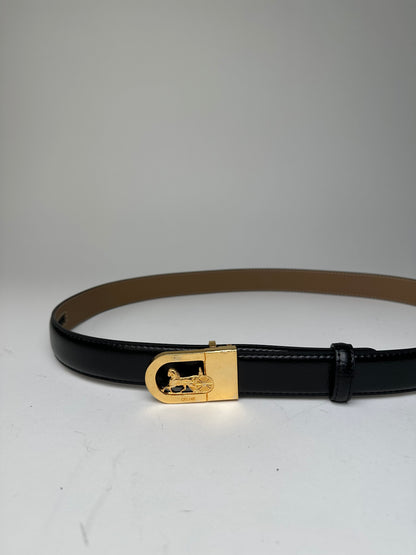Vintage Celine Leather Belt Black Beige Gold Buckle