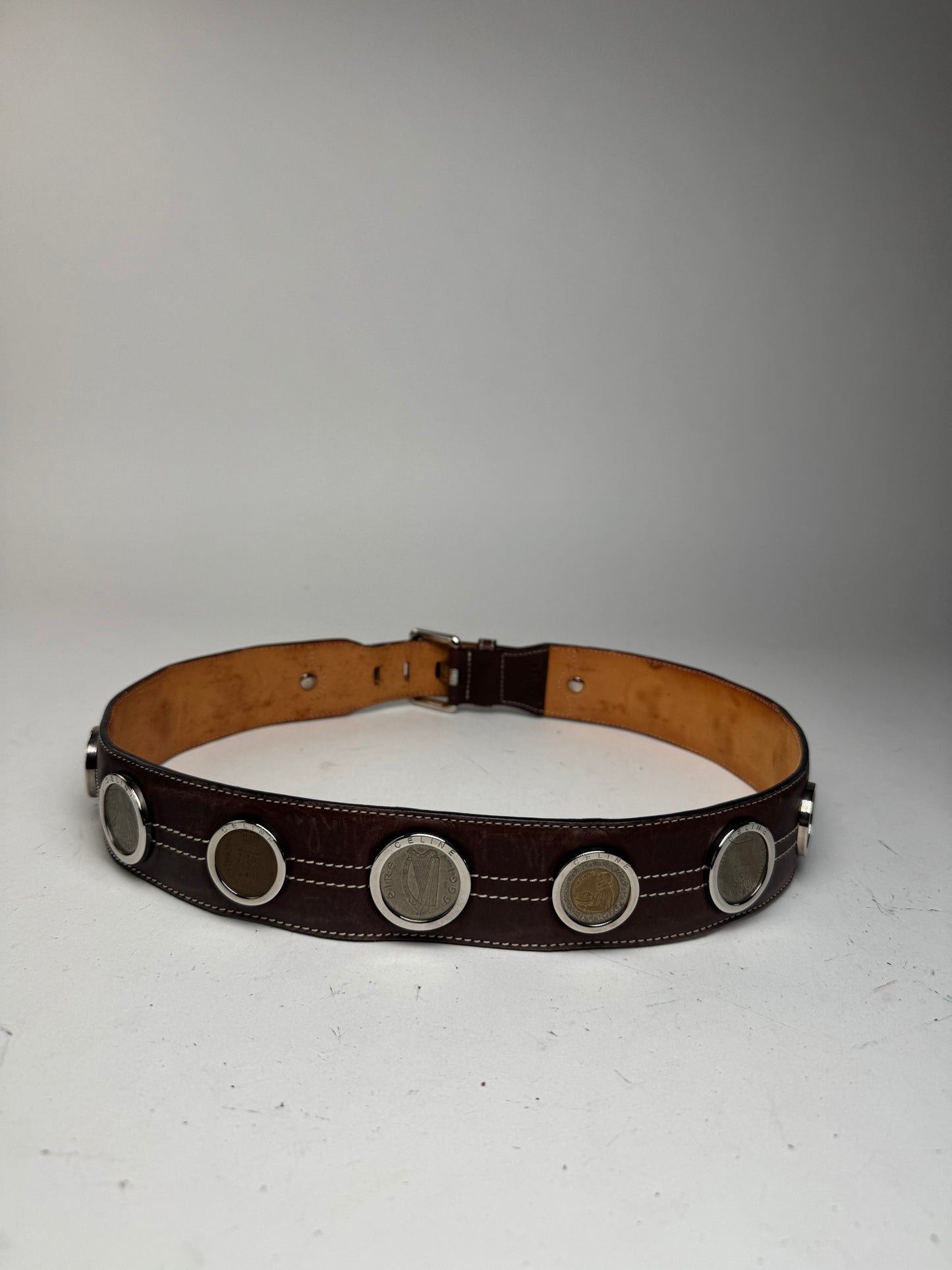 Vintage Celine Paris Metal / Leather coin application belt brown