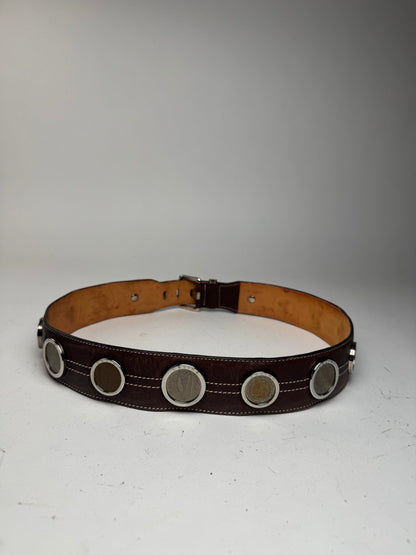 Vintage Celine Paris Metal / Leather coin application belt brown