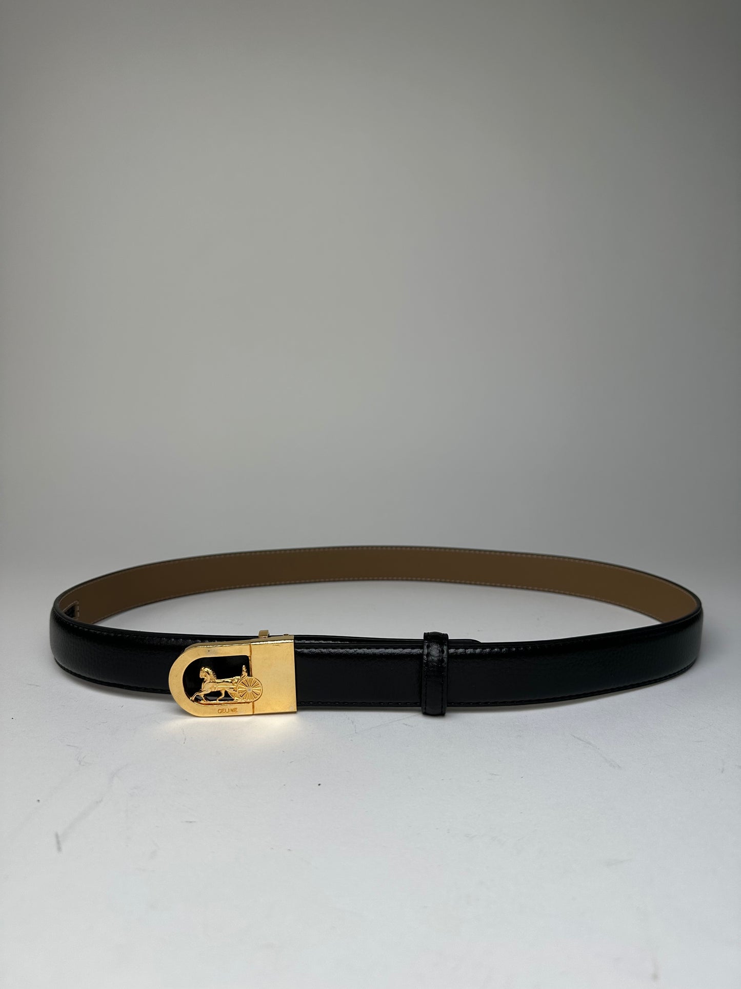 Vintage Celine Leather Belt Black Beige Gold Buckle
