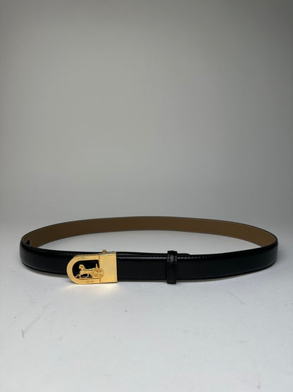 Vintage Celine Leather Belt Black Beige Gold Buckle