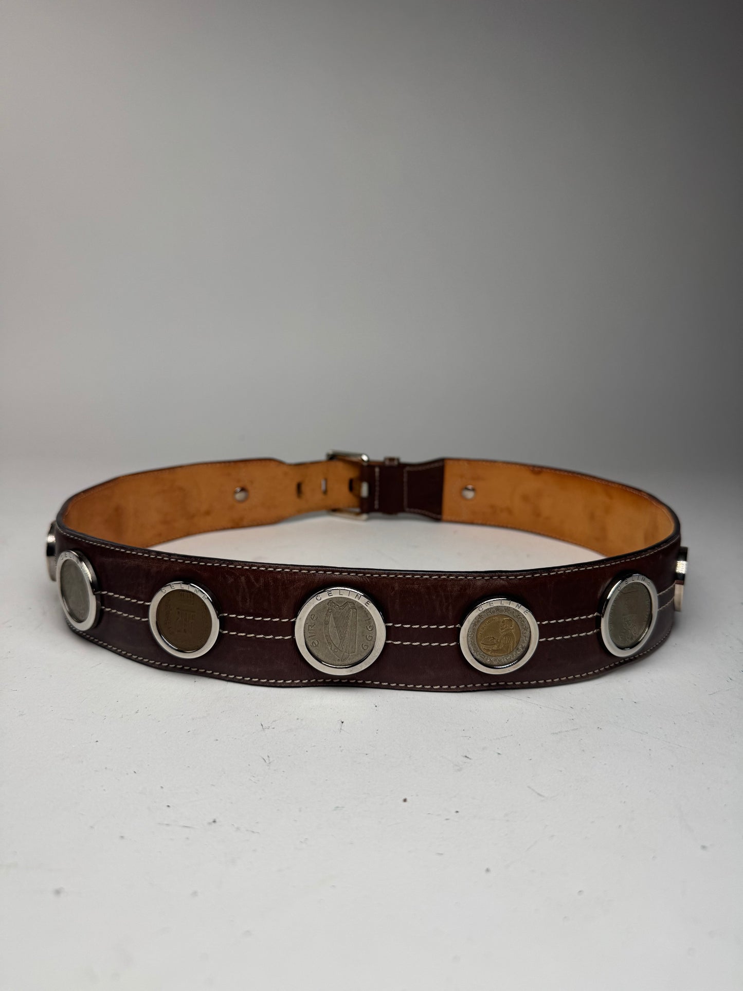 Vintage Celine Paris Metal / Leather coin application belt brown