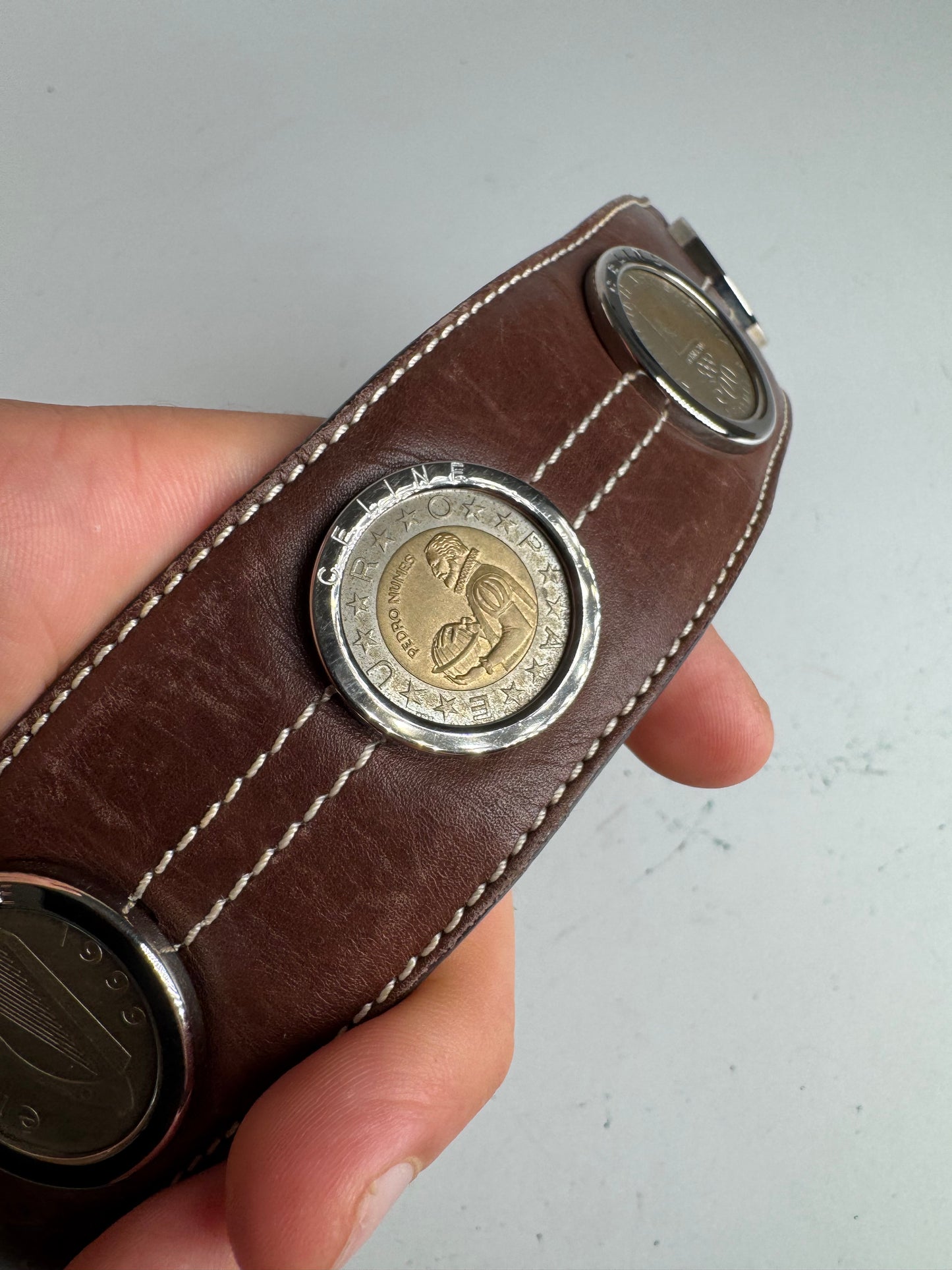 Vintage Celine Paris Metal / Leather coin application belt brown