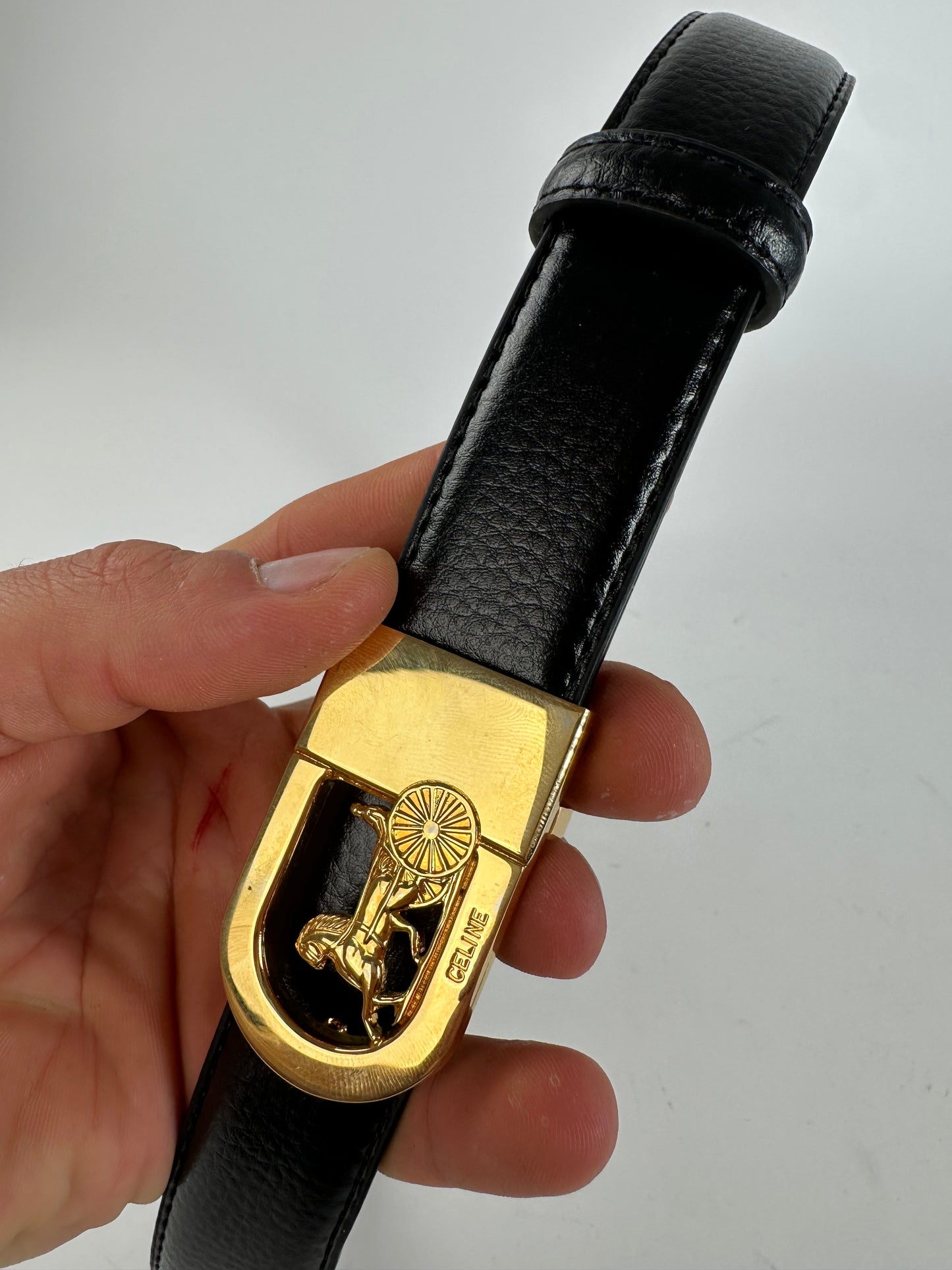 Vintage Celine Leather Belt Black Beige Gold Buckle