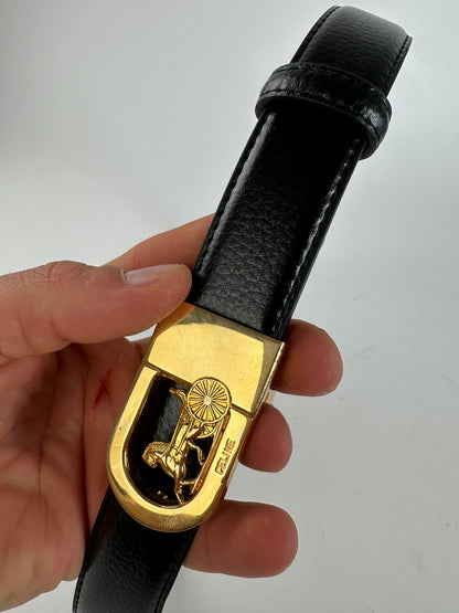 Vintage Celine Leather Belt Black Beige Gold Buckle