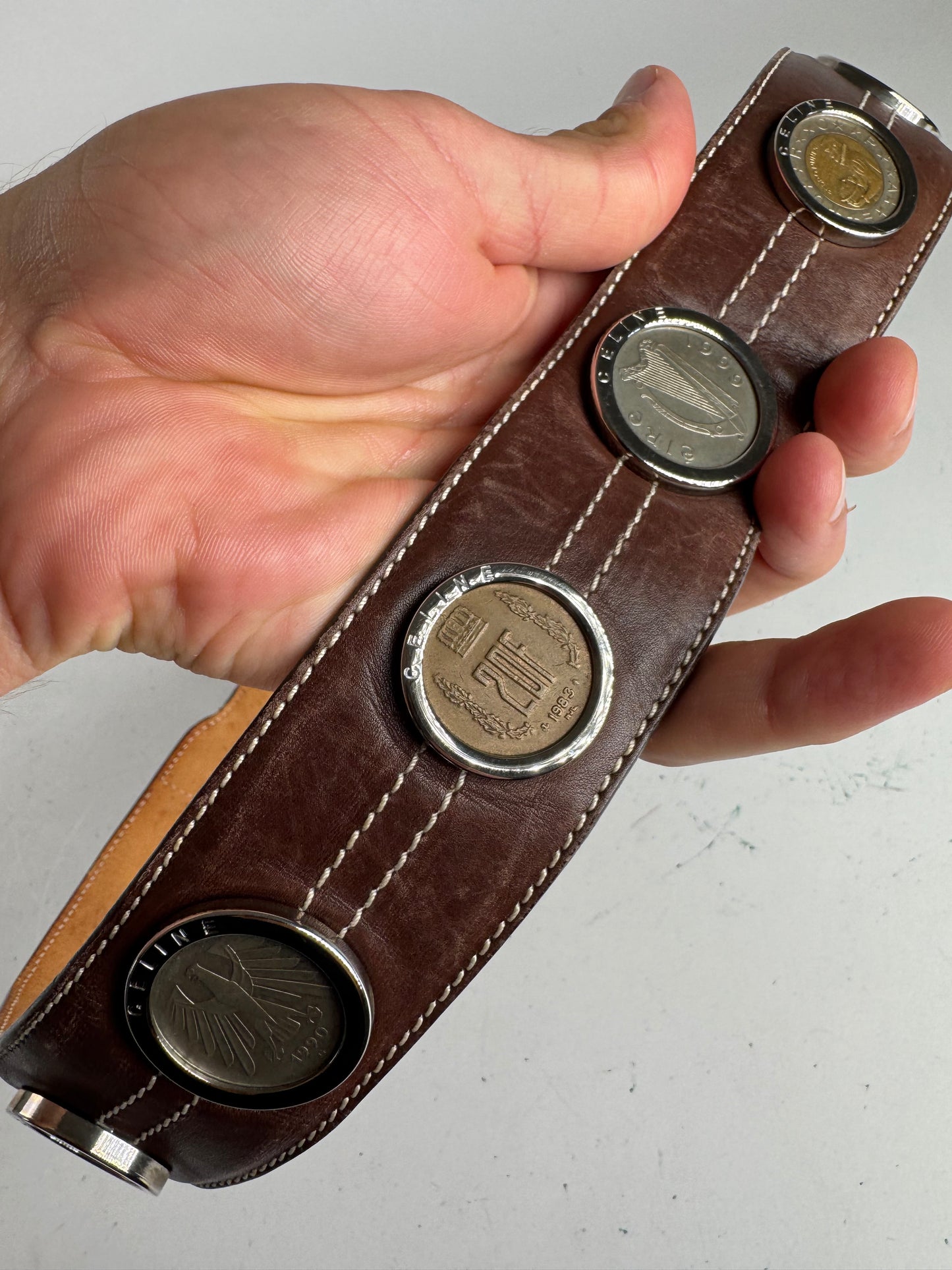 Vintage Celine Paris Metal / Leather coin application belt brown