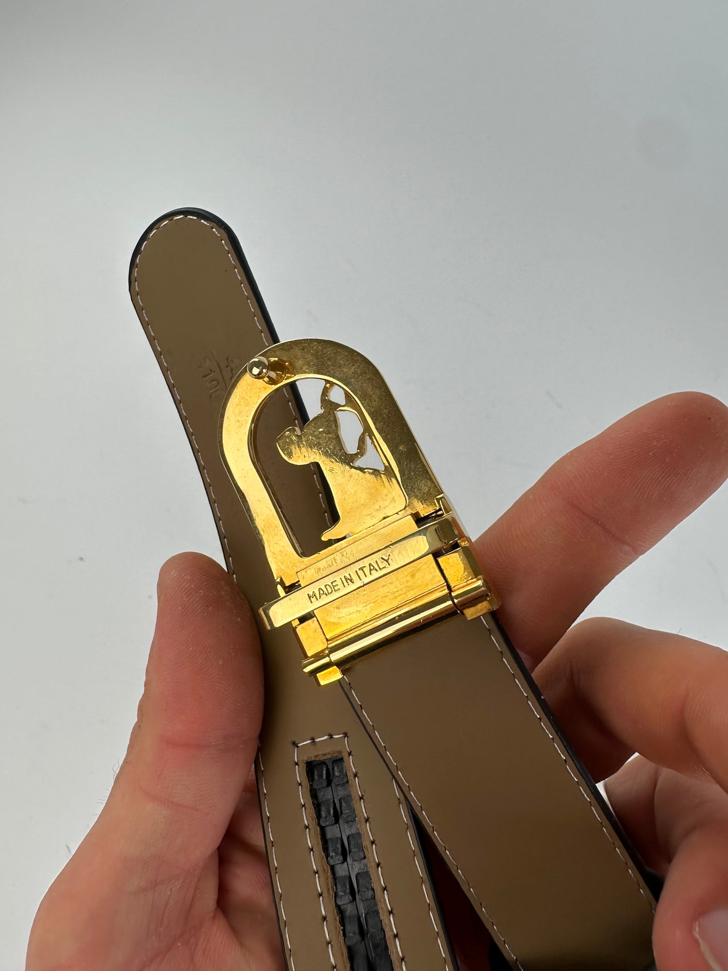 Vintage Celine Leather Belt Black Beige Gold Buckle