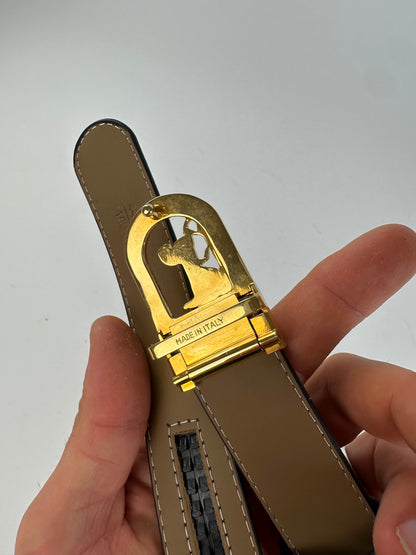 Vintage Celine Leather Belt Black Beige Gold Buckle