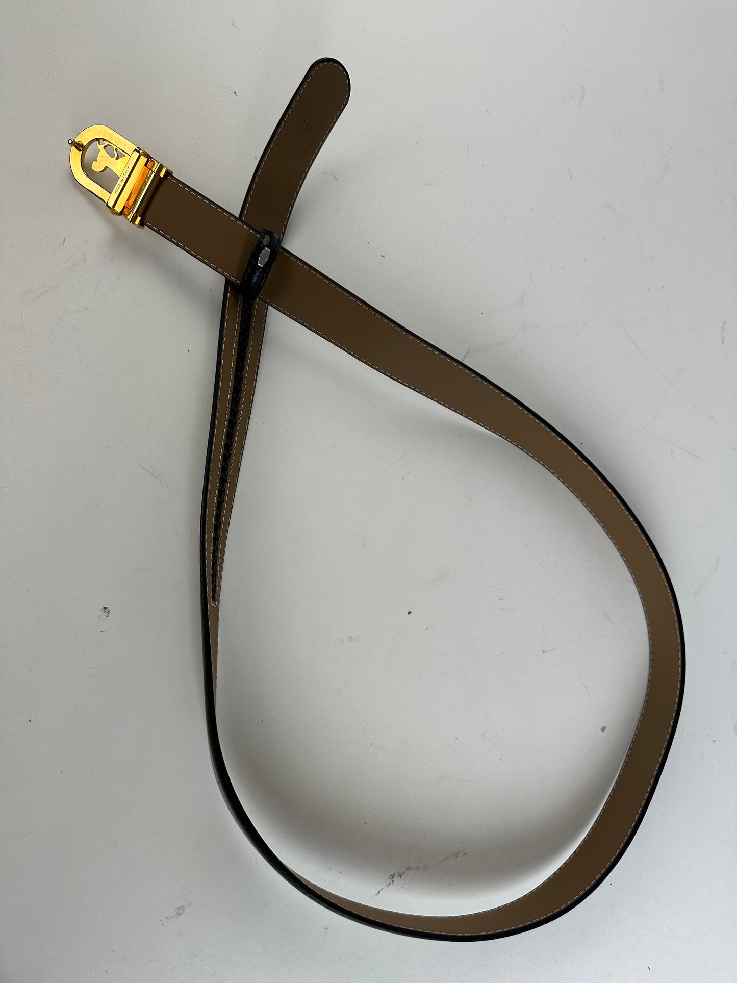 Vintage Celine Leather Belt Black Beige Gold Buckle