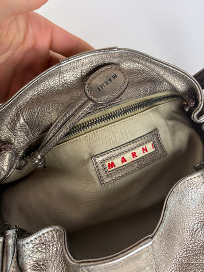 Vintage Marni Metallic Leather Flap Shoulder Bag Silver