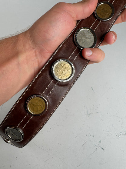 Vintage Celine Paris Metal / Leather coin application belt brown