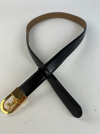 Vintage Celine Leather Belt Black Beige Gold Buckle