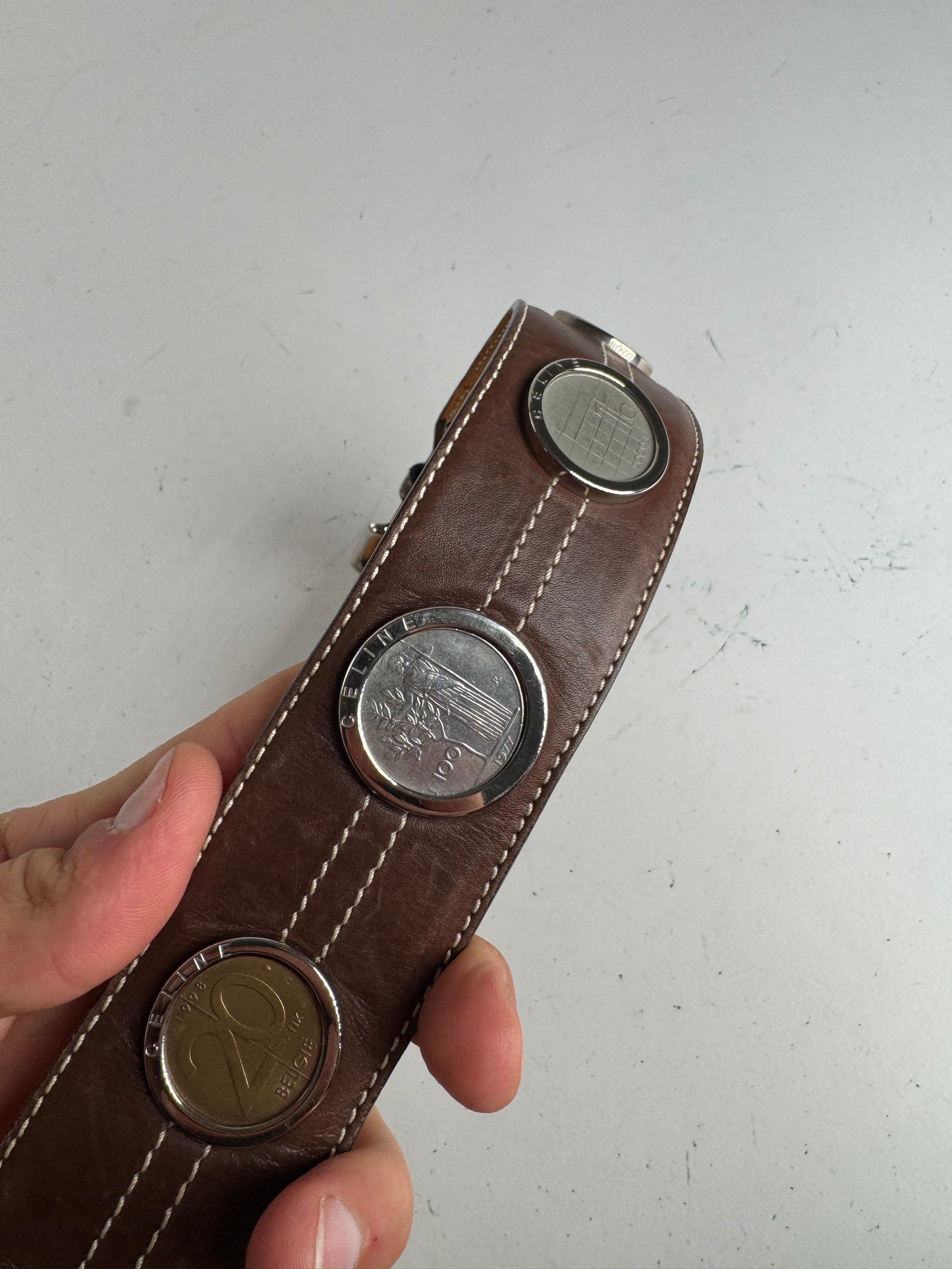 Vintage Celine Paris Metal / Leather coin application belt brown