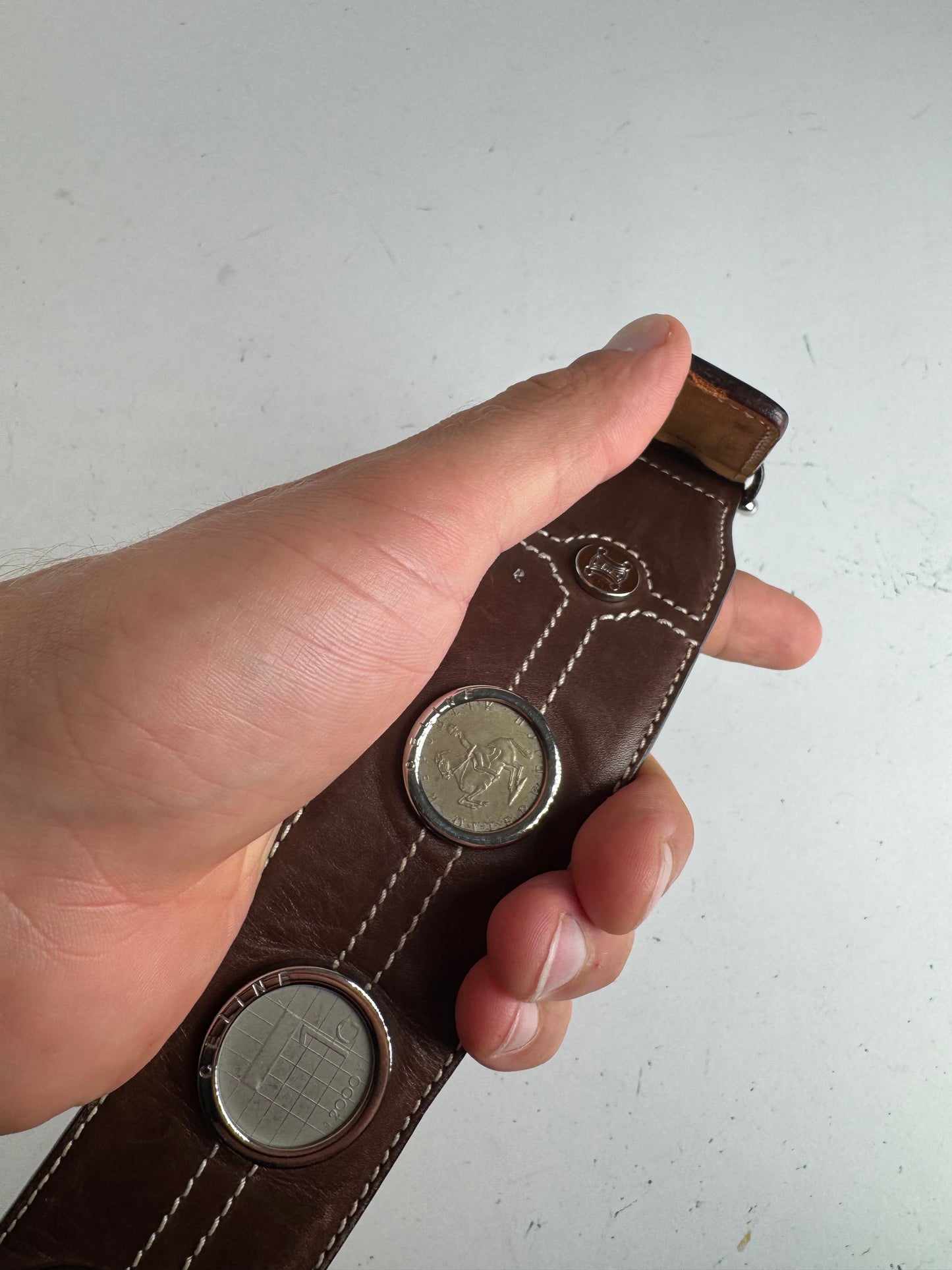 Vintage Celine Paris Metal / Leather coin application belt brown