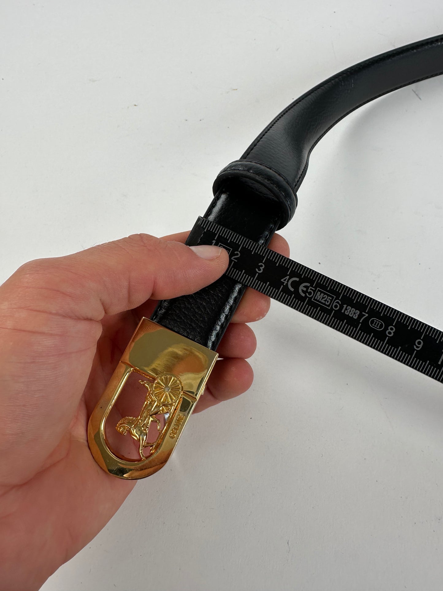 Vintage Celine Leather Belt Black Beige Gold Buckle