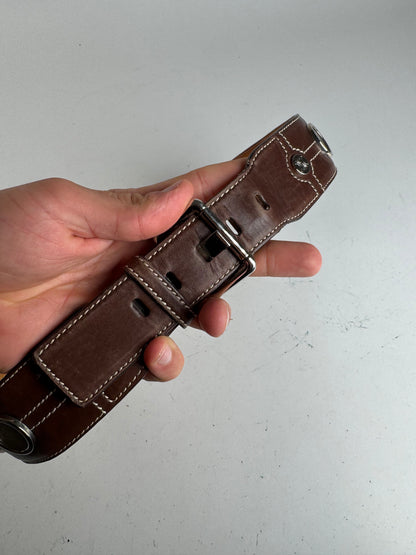 Vintage Celine Paris Metal / Leather coin application belt brown