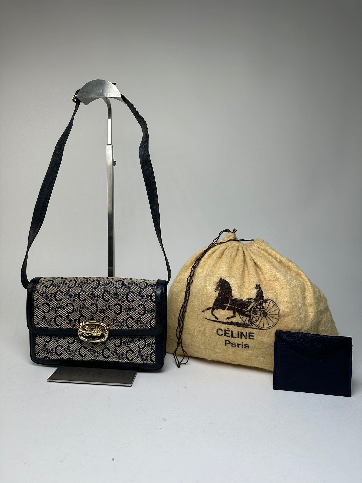 Vintage Celine C Logo Canvas Shoulder Bag Navy Beige Gold