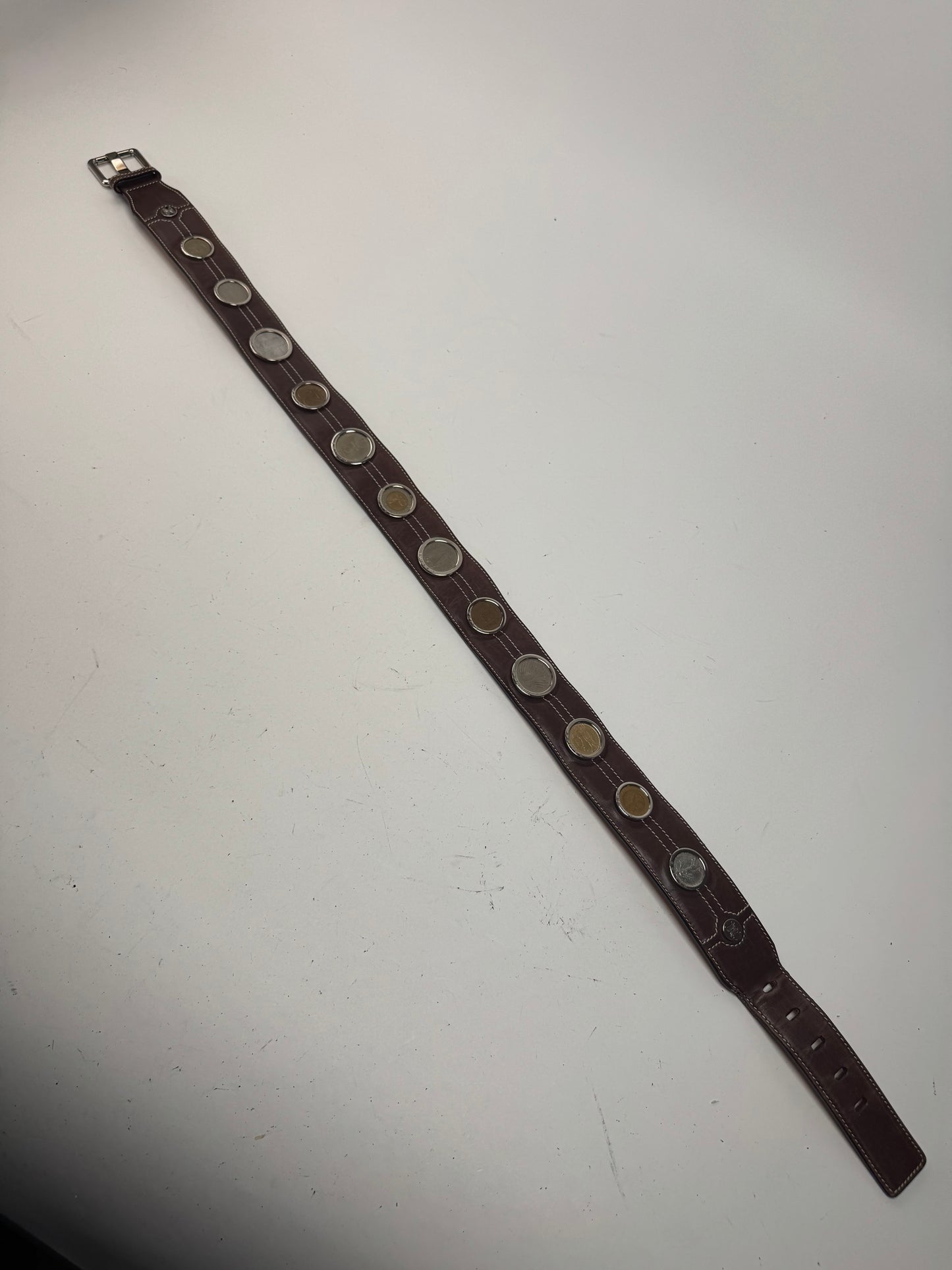 Vintage Celine Paris Metal / Leather coin application belt brown