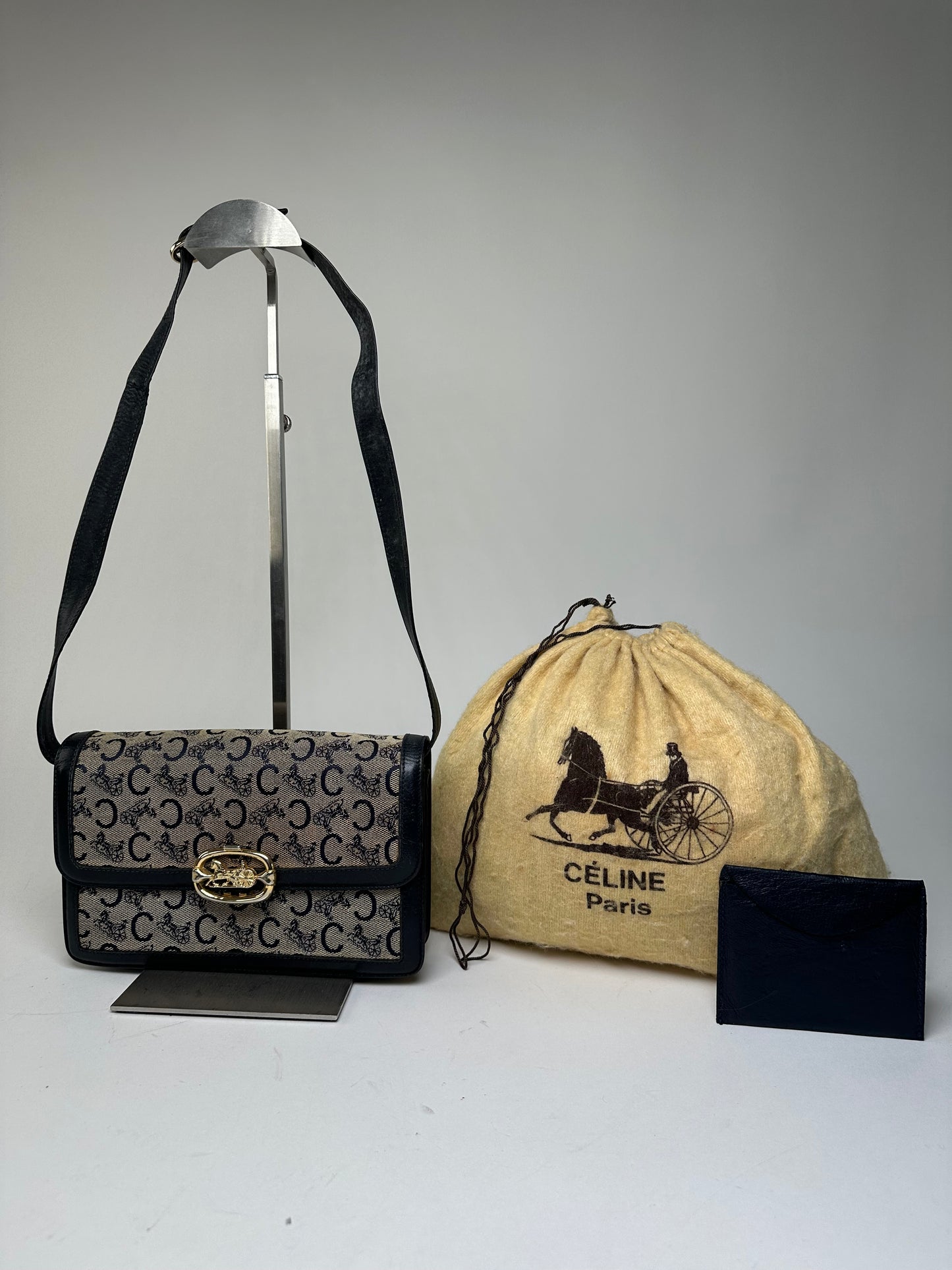 Vintage Celine C Logo Canvas Shoulder Bag Navy Beige Gold