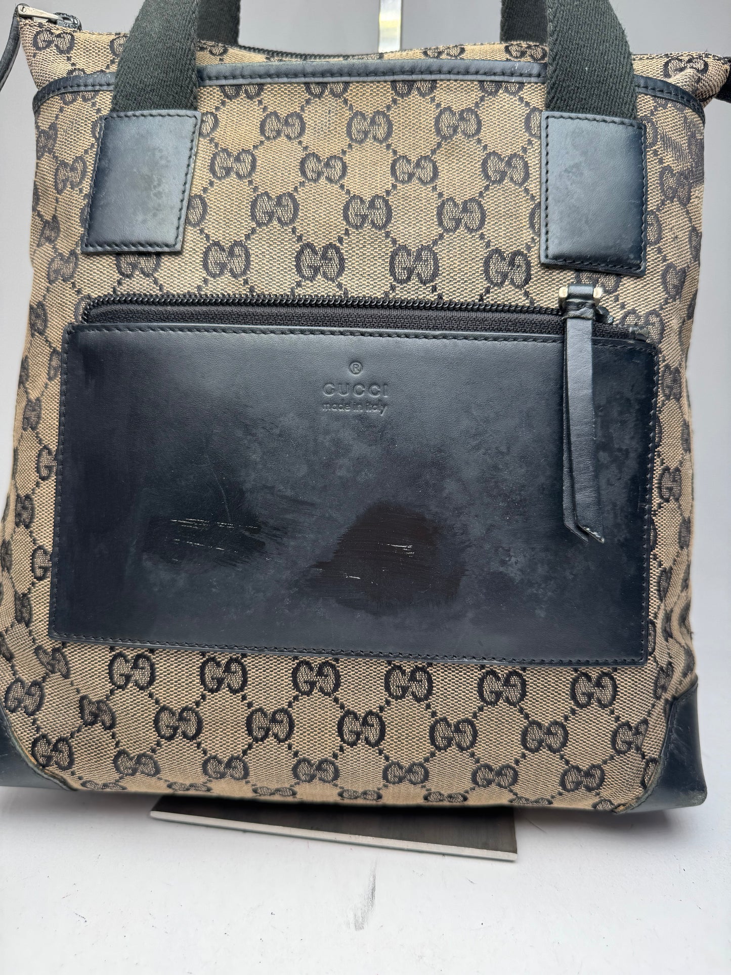 Vintage Gucci Monogram Leather Canvas Bag beige brown black