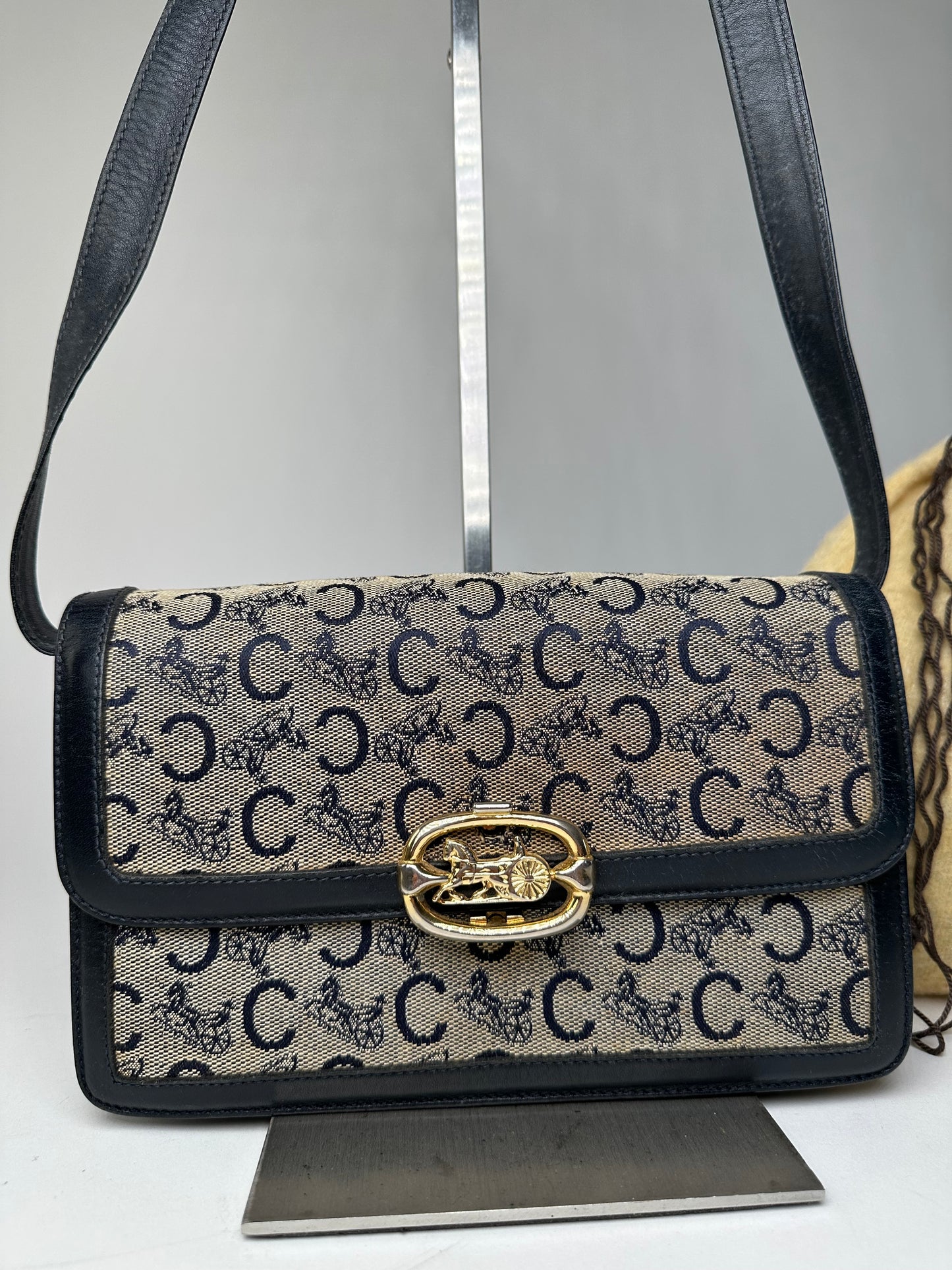 Vintage Celine C Logo Canvas Shoulder Bag Navy Beige Gold
