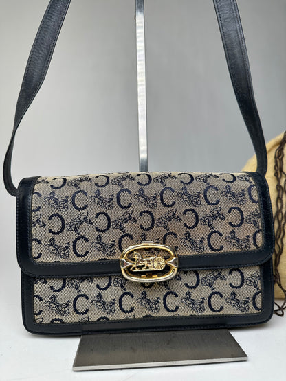 Vintage Celine C Logo Canvas Shoulder Bag Navy Beige Gold