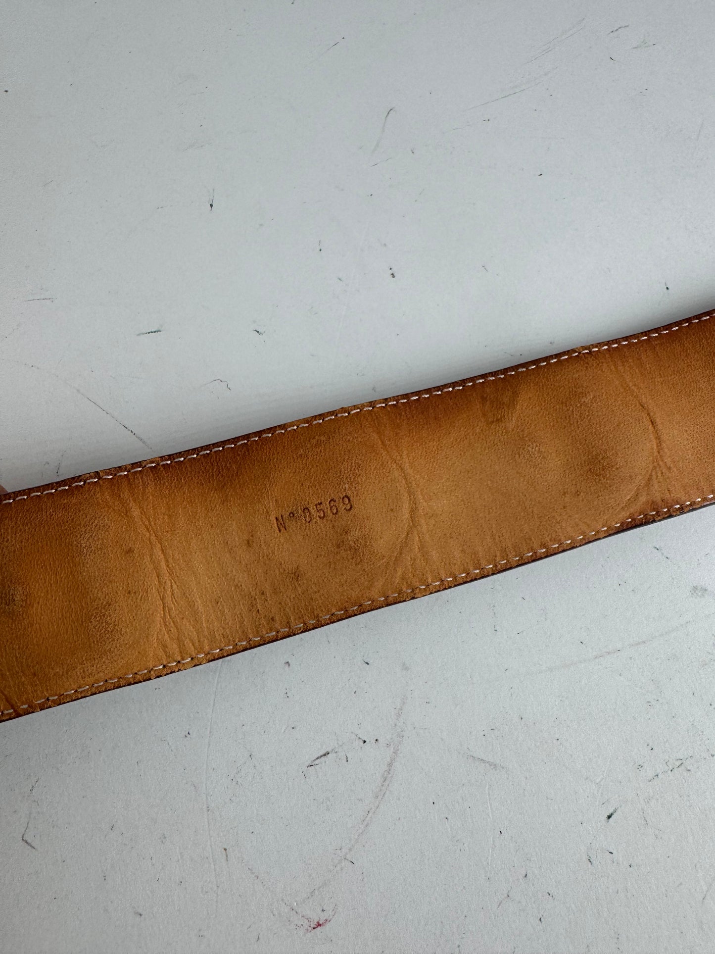 Vintage Celine Paris Metal / Leather coin application belt brown