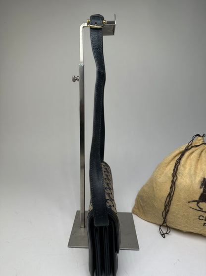 Vintage Celine C Logo Canvas Shoulder Bag Navy Beige Gold