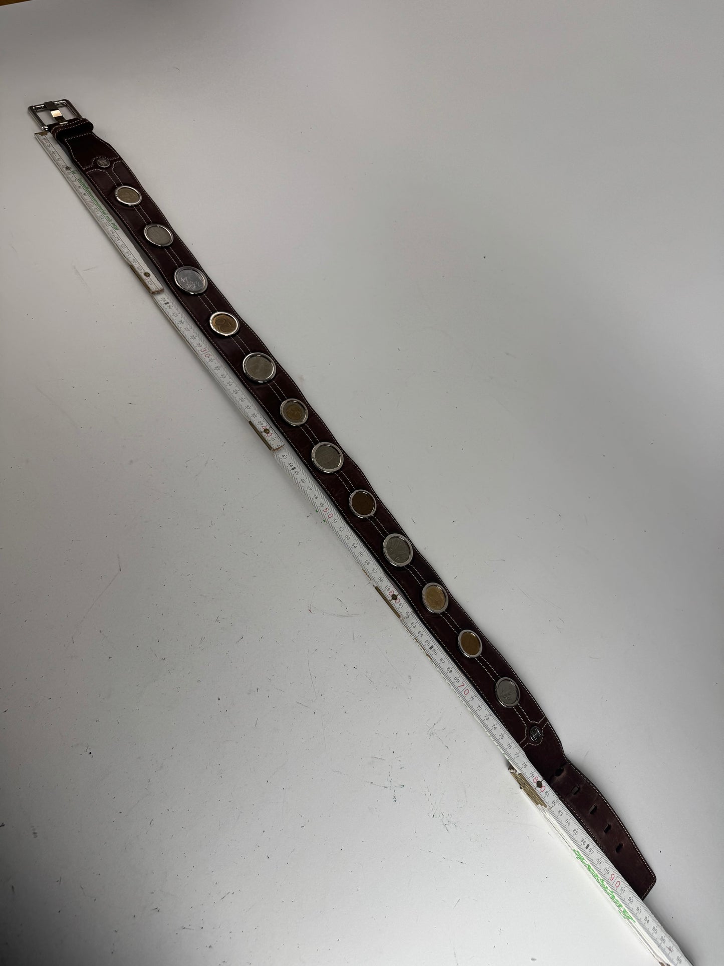 Vintage Celine Paris Metal / Leather coin application belt brown