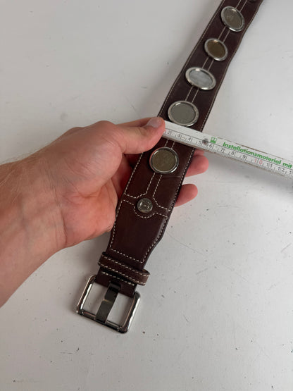 Vintage Celine Paris Metal / Leather coin application belt brown