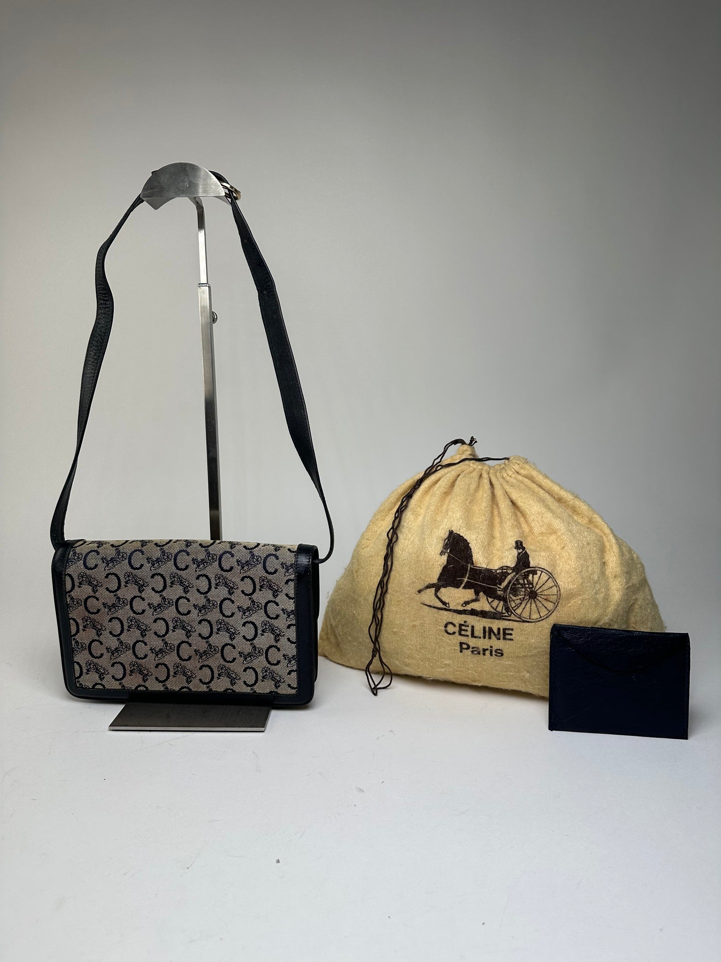 Vintage Celine C Logo Canvas Shoulder Bag Navy Beige Gold