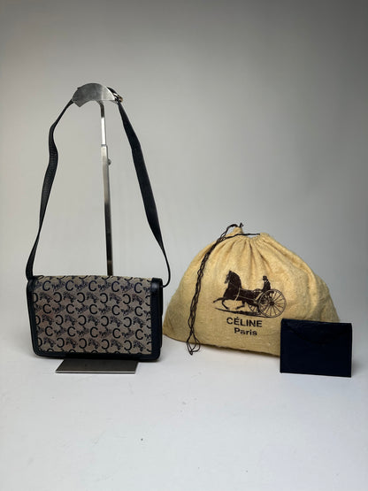 Vintage Celine C Logo Canvas Shoulder Bag Navy Beige Gold