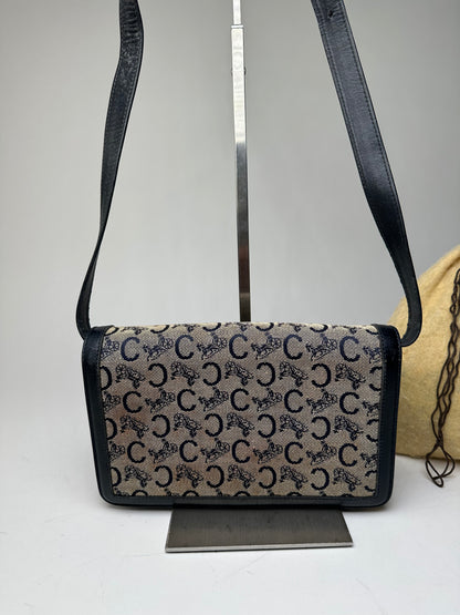 Vintage Celine C Logo Canvas Shoulder Bag Navy Beige Gold